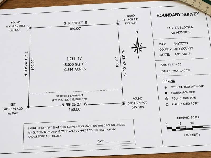 Property boundary survey plat showing lot lines, bearings, easements, and measurements on a clean drafting table